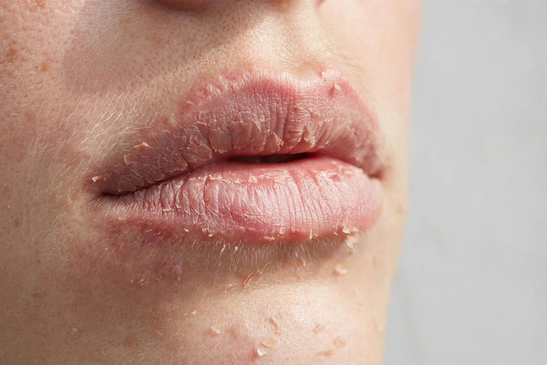 Close-up of dry, chapped lips with mild redness and irritation