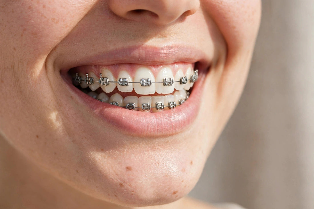 Close-up of a healthy smile with metal orthodontic braces