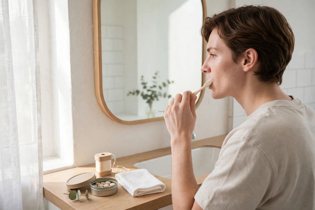 Person brushing teeth properly with a soft toothbrush, with dental floss and toothpaste tablets on the bathroom counter
