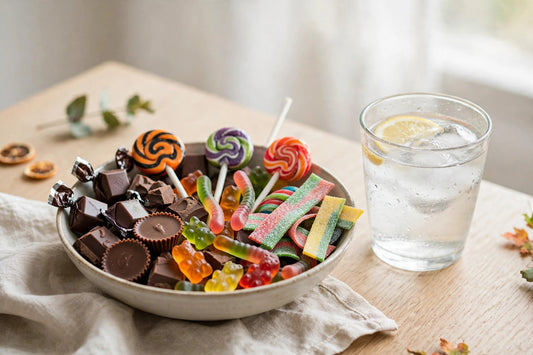 A bowl of assorted Halloween candy — chocolate, gummies, lollipops, and sour candy — on a table next to a glass of water