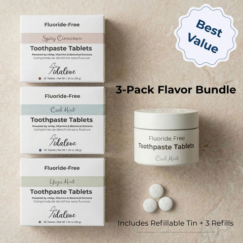 Fluoride-Free Toothpaste Tablet Set (5% nHAp, Refillable Tin + 3 Refills, 3 Flavors)