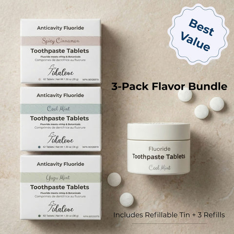 Fluoride Toothpaste Tablet Set (Refillable Tin + 3 Refills, 3 Flavors)