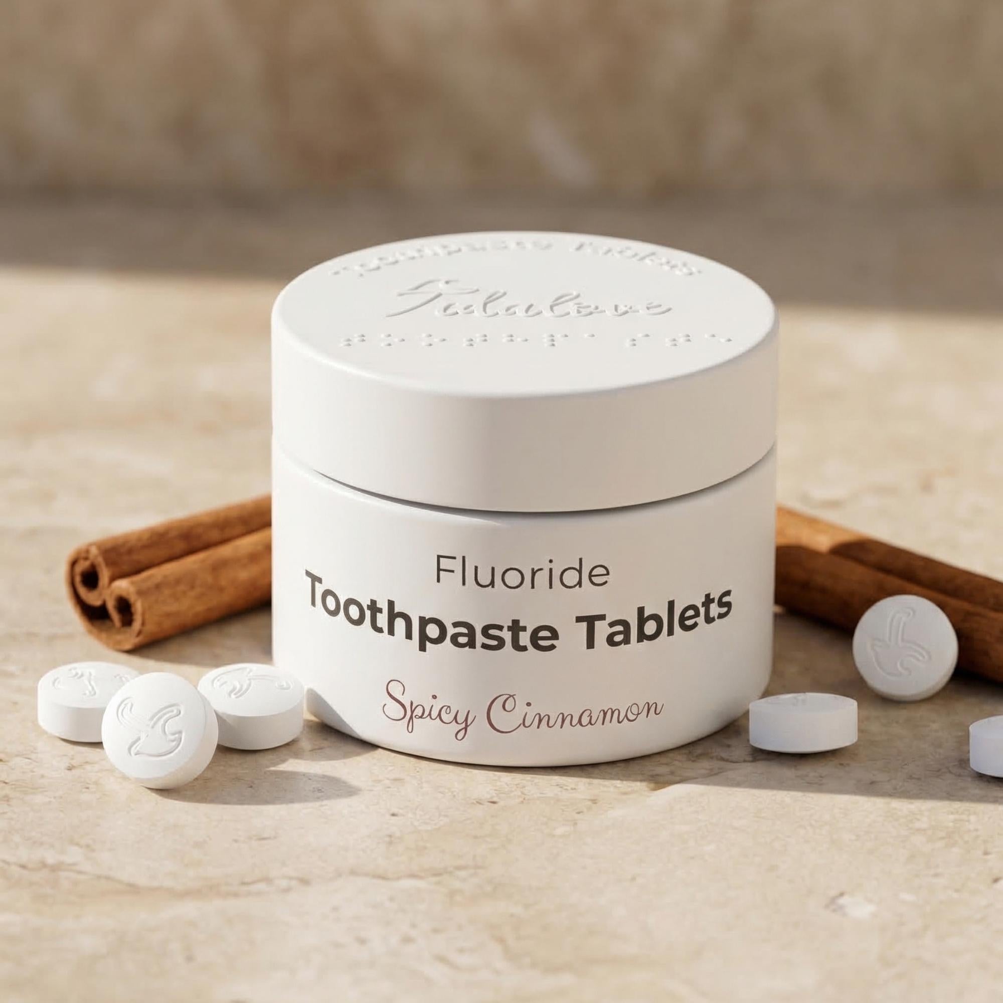 Container of fluoride toothpaste tablets with cinnamon sticks and tablets on a wooden surface