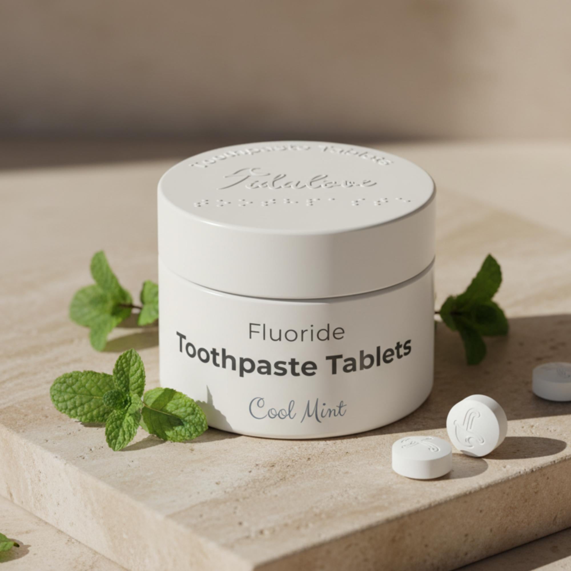 Jar of fluoride toothpaste tablets with mint leaves on a wooden surface