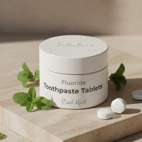 Jar of fluoride toothpaste tablets with mint leaves on a wooden surface
