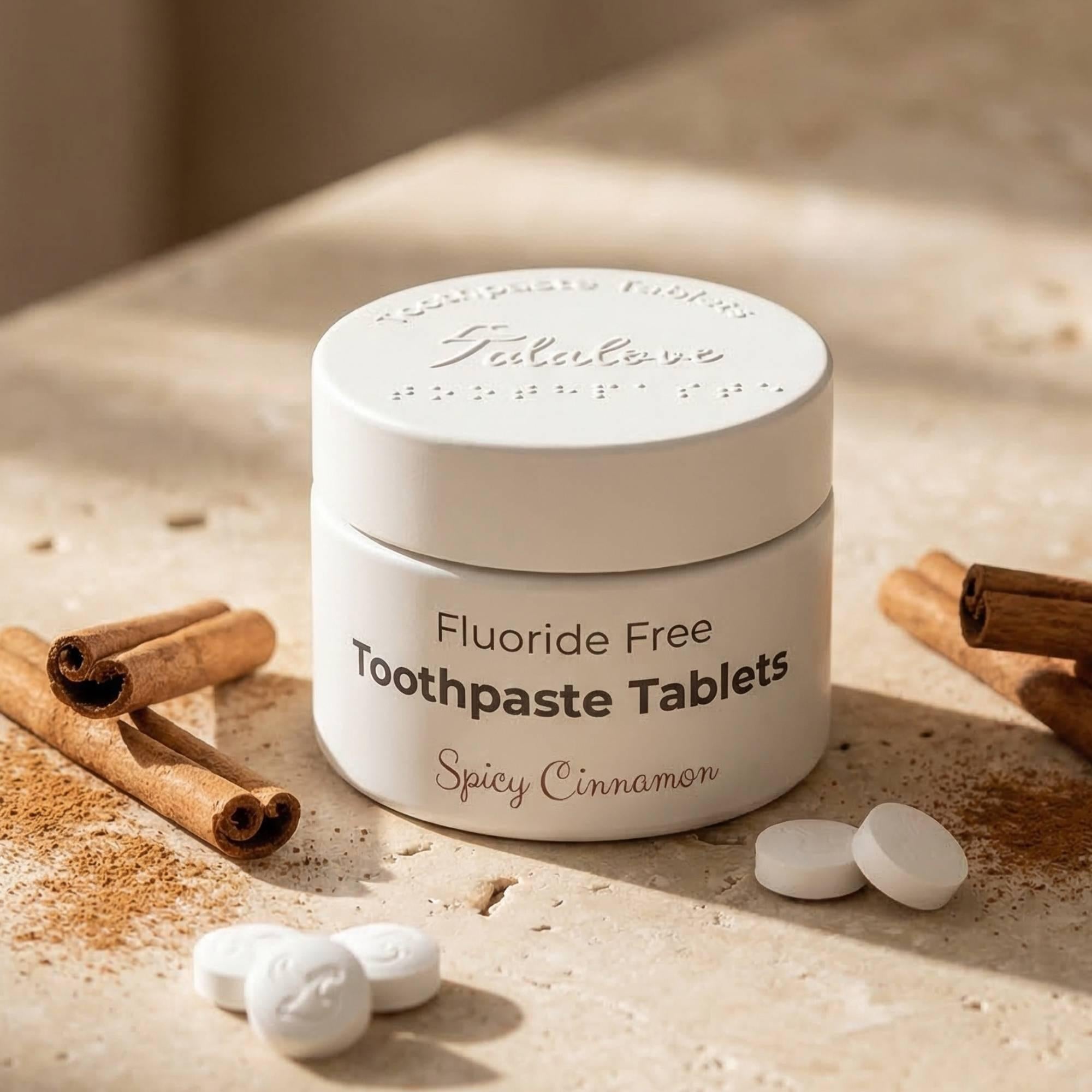 Jar of fluoride-free toothpaste tablets with cinnamon sticks and tablets on a wooden surface
