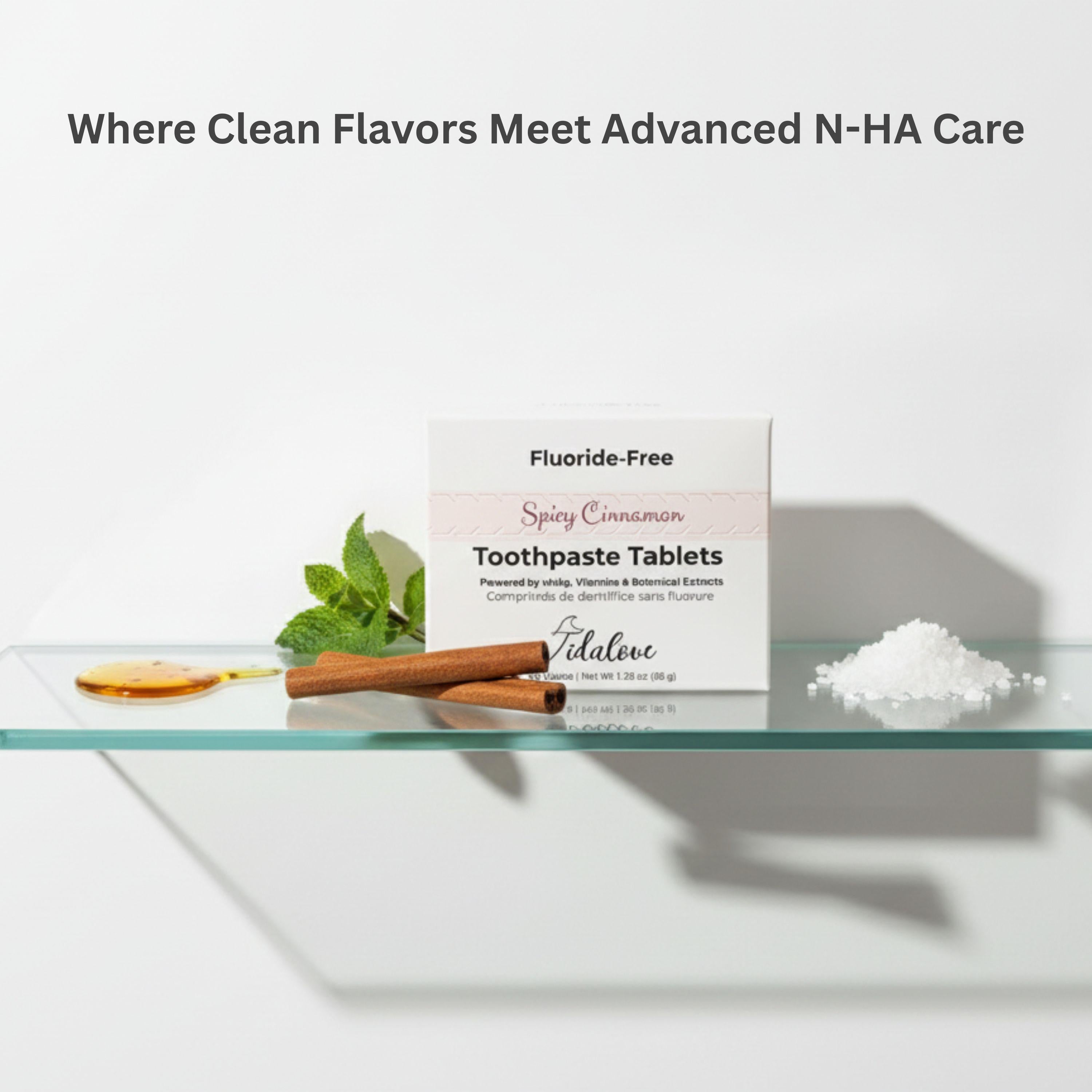 Vilalove spicy cinnamon toothpaste tablets with cinnamon sticks and mint leaves on a glass surface.