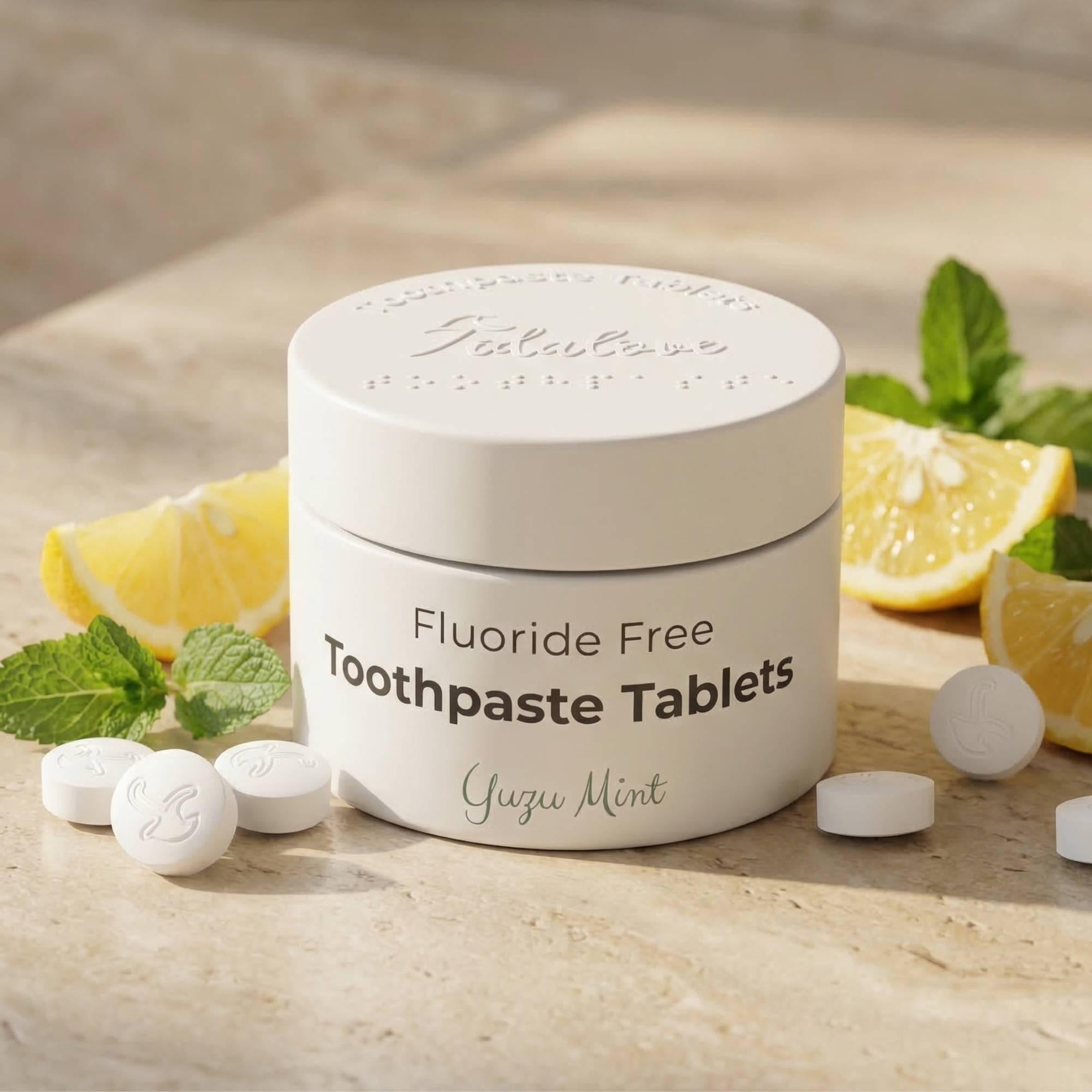 Jar of fluoride-free toothpaste tablets with lemon and mint on a wooden surface