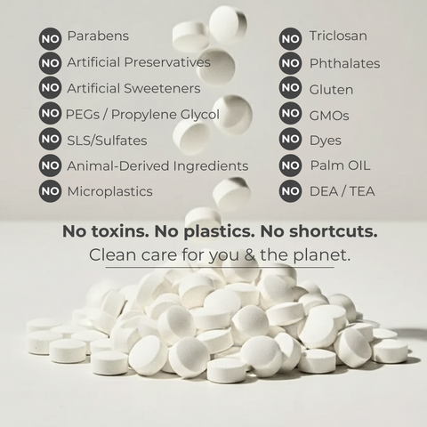 White toothpaste tablets with a list of ingredients and their absence on a light gray background.