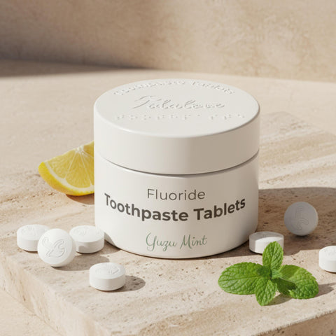 Jar of fluoride toothpaste tablets with tablets and mint leaves on a light background
