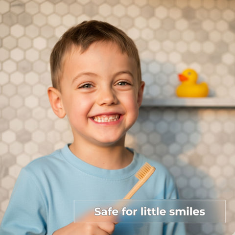 Child holding a wooden toothbrush with a rubber duck in the background, text 'Safe for little smiles'.
