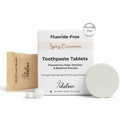 Tidalove fluoride-free spicy cinnamon toothpaste tablets with packaging on a white background