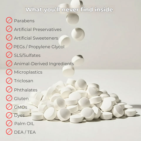 White toothpaste tablets with a list of ingredients not found inside on a light gray background

