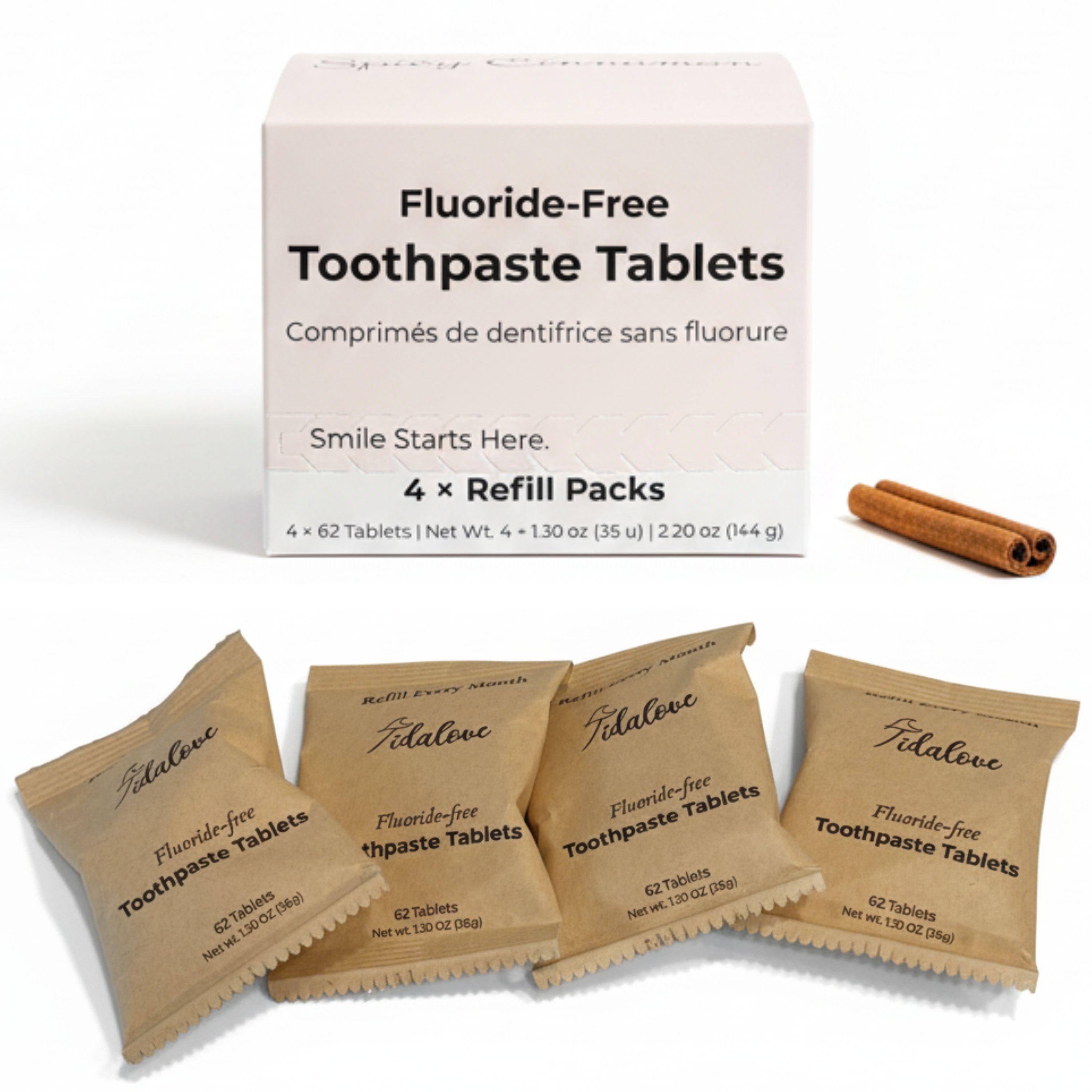 Fluoride-Free Toothpaste Tablets packaging with refill packs on a white background