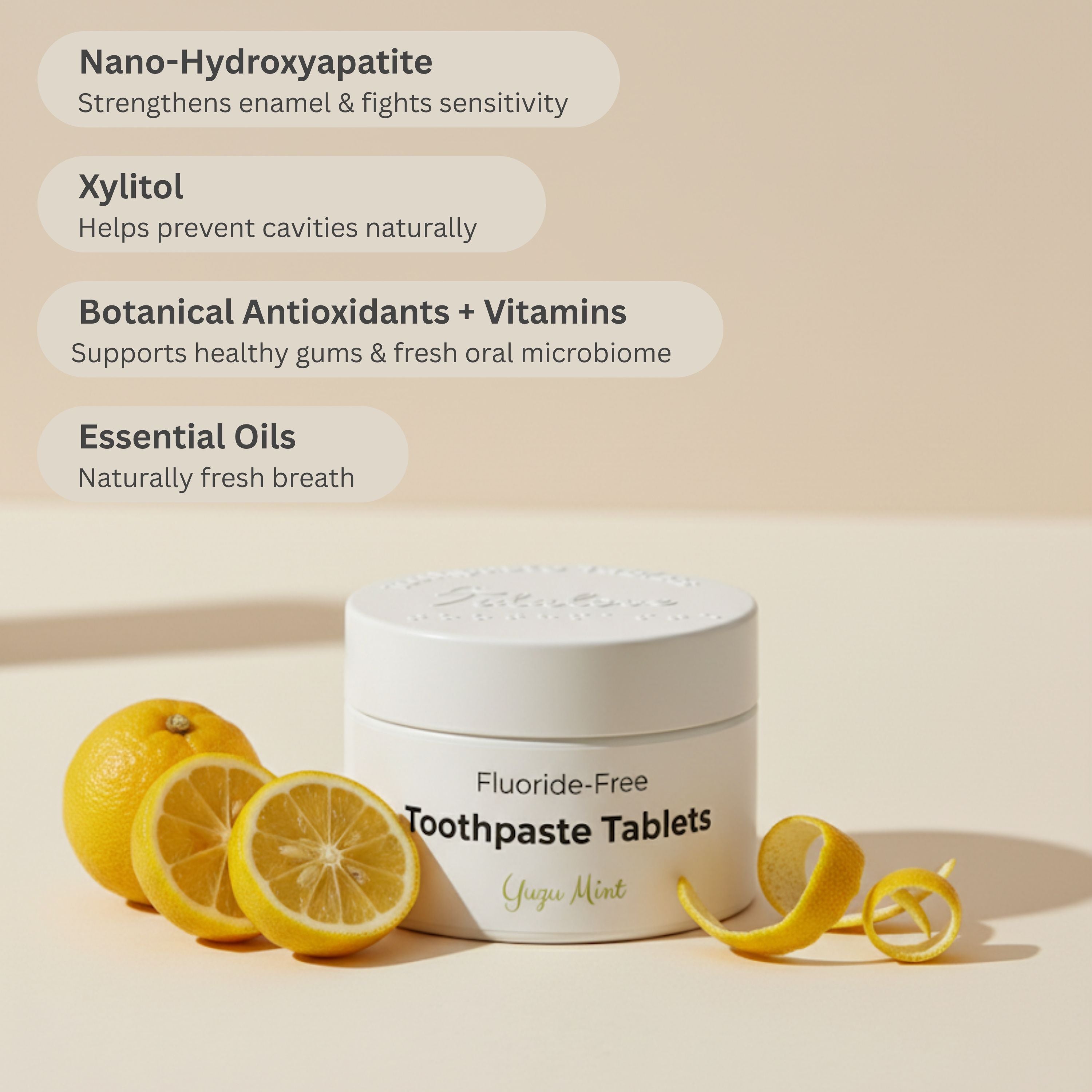 Fluoride-Free Toothpaste Tablets container with lemons on a beige background