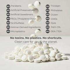 White pills with a list of ingredients and their absence on a light gray background.