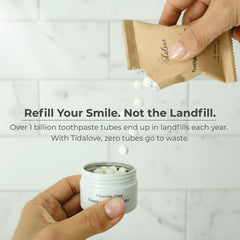 Tidalove toothpaste refill system with text about reducing landfill waste.