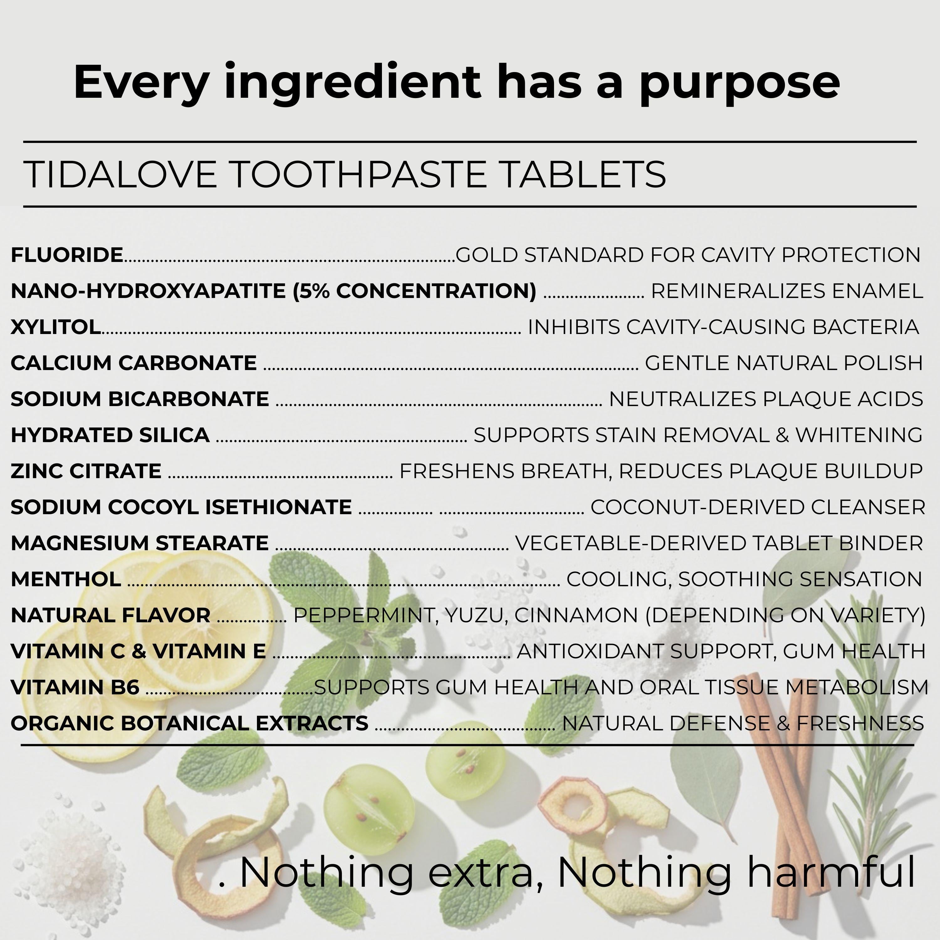 List of ingredients for Tidalove toothpaste tablets with a background of toothbrushes and dental tools.