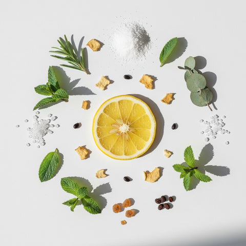 Lemon slice surrounded by herbs and spices on a white background