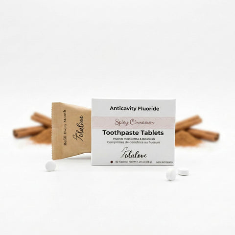 Tidaleve toothpaste tablets with packaging on a white background