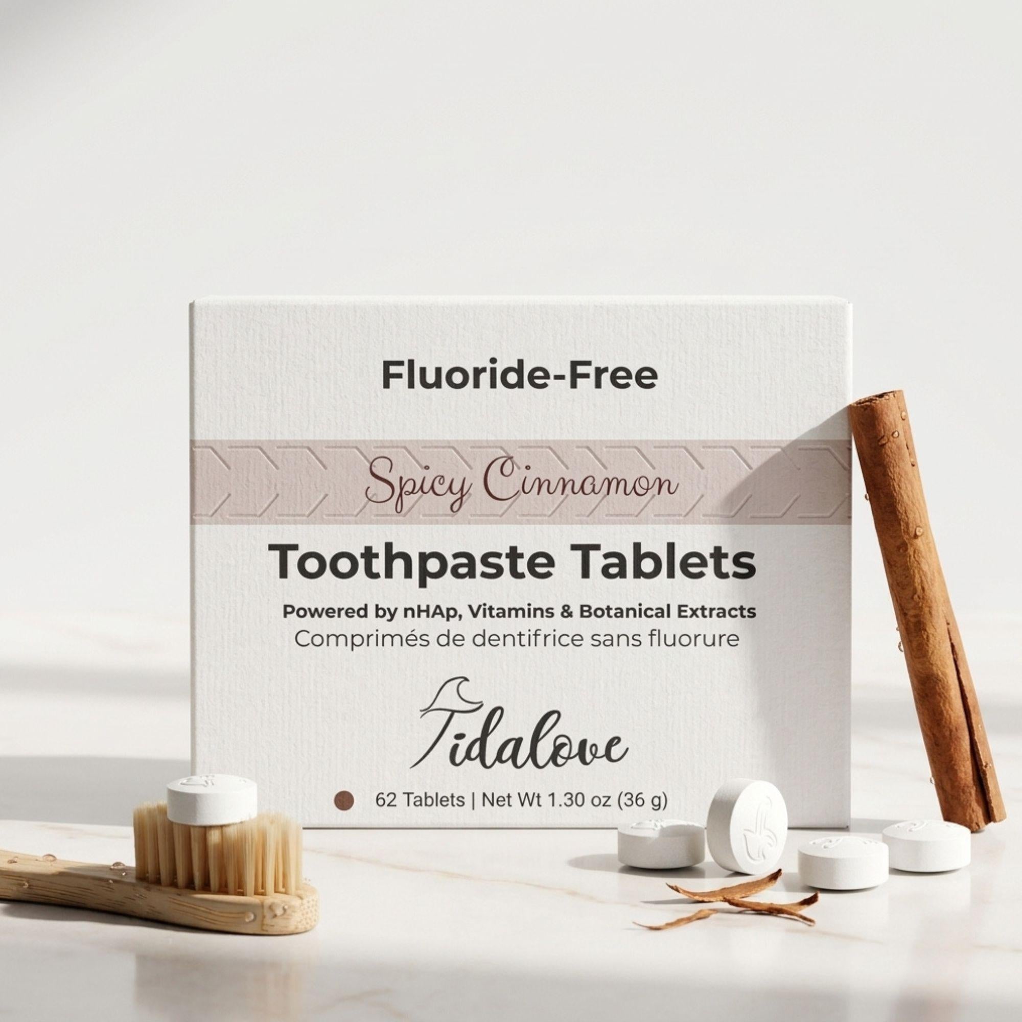 Fluoride-Free Spicy Cinnamon Toothpaste Tablets packaging with cinnamon sticks and a toothbrush on a light background