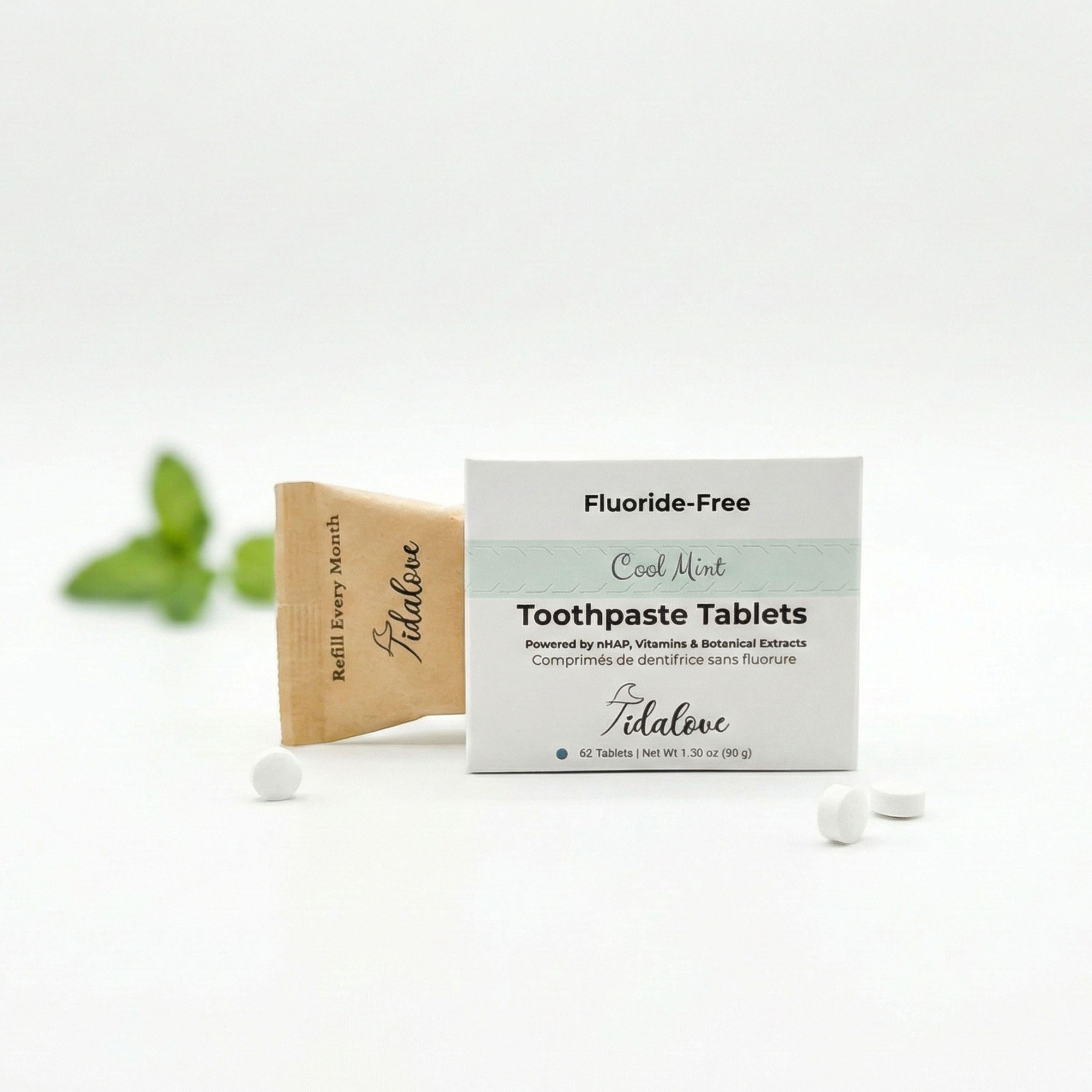 Tidalove fluoride-free toothpaste tablets with packaging on a white background