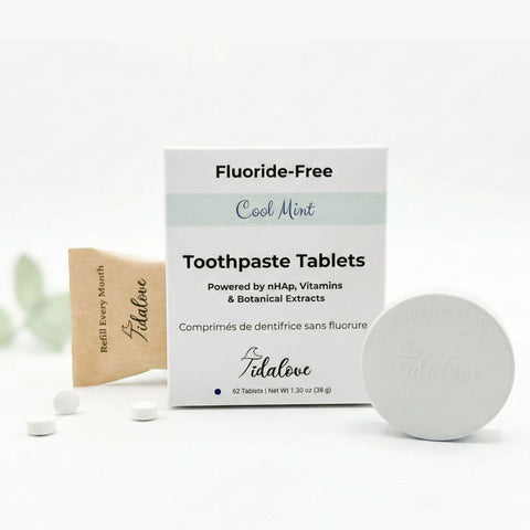 Tidalove fluoride-free toothpaste tablets with packaging on a white background