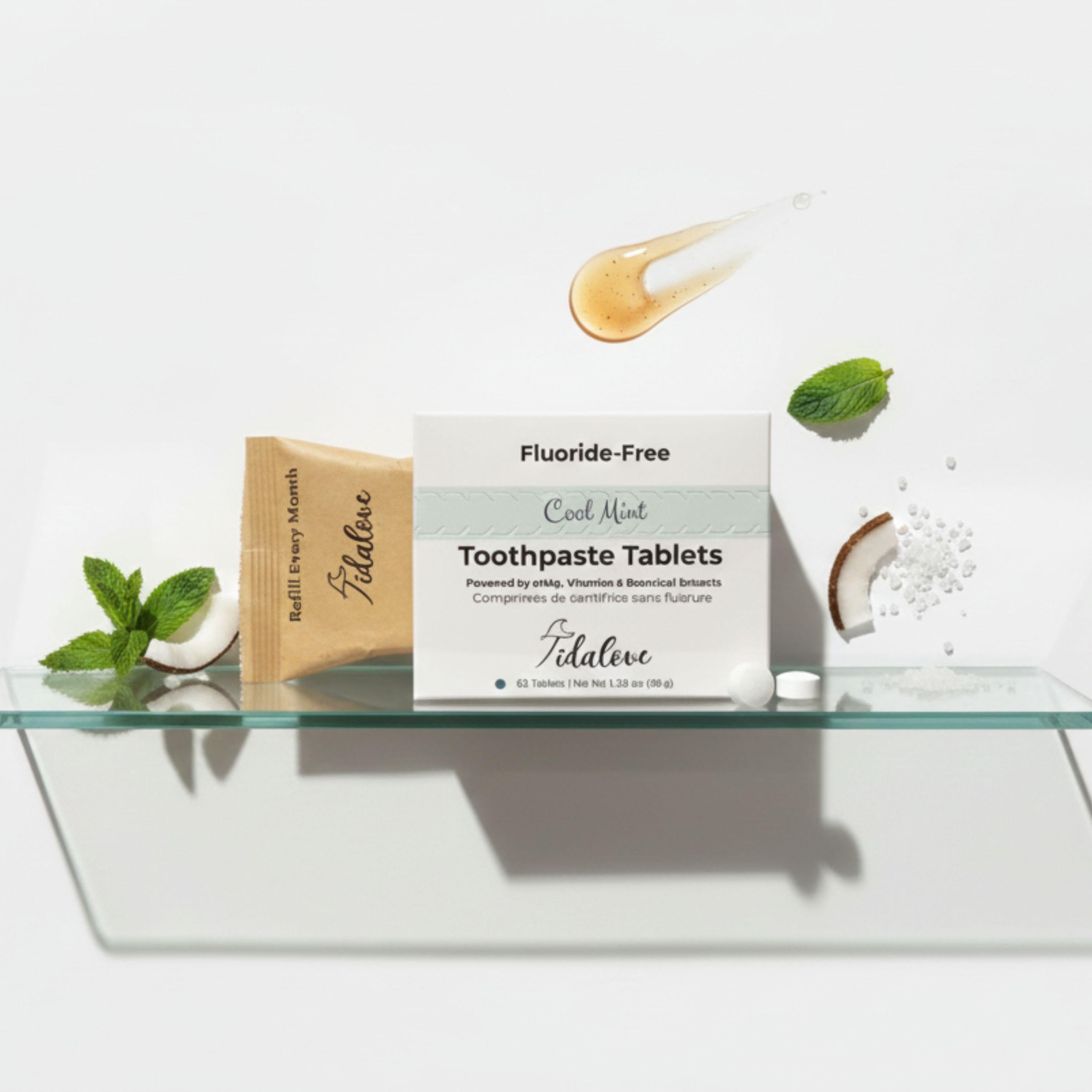 Tidalove fluoride-free toothpaste tablets with packaging on a white background