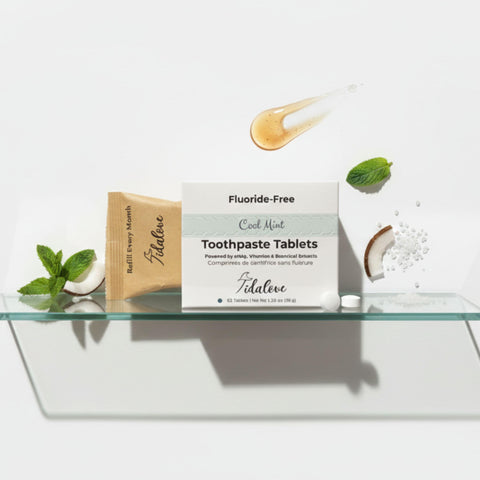 Tidalove fluoride-free toothpaste tablets with packaging on a white background