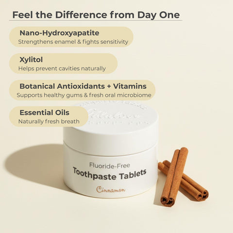 Fluoride-Free Toothpaste Tablets with cinnamon sticks on a beige background