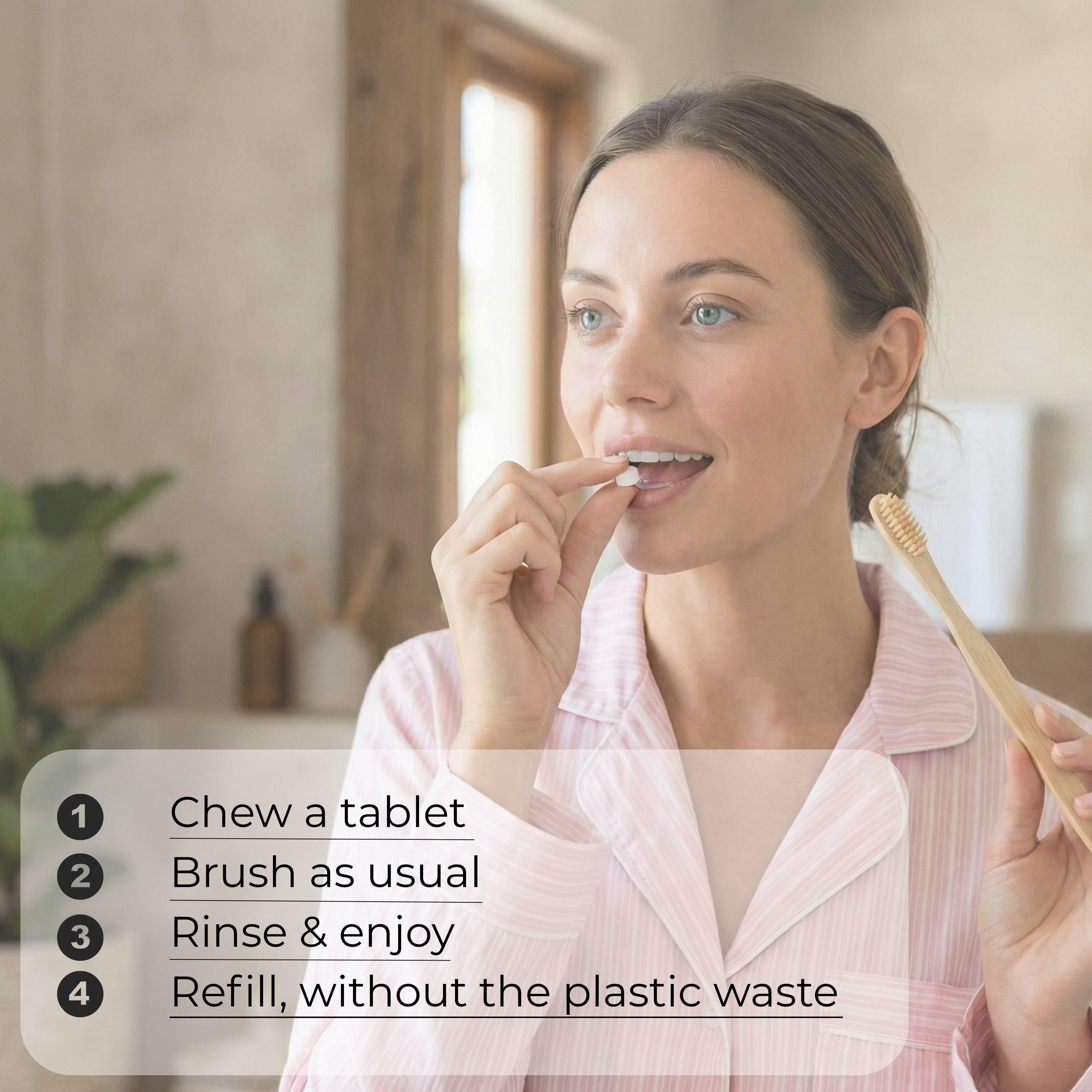 Woman brushing her teeth with a tablet and toothbrush, with text about a dental care system.