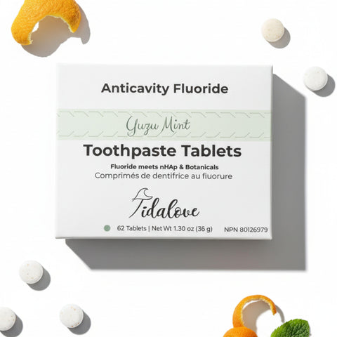 Box of Tidaleve toothpaste tablets with yuzu mint flavor on a white background