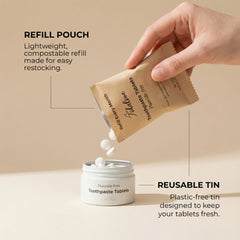 Hand holding a refill pouch over a reusable tin with toothpaste tablets, on a beige background.