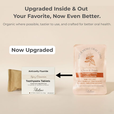 Two packages of Tadlove toothpaste tablets on a beige background with text about upgrades.