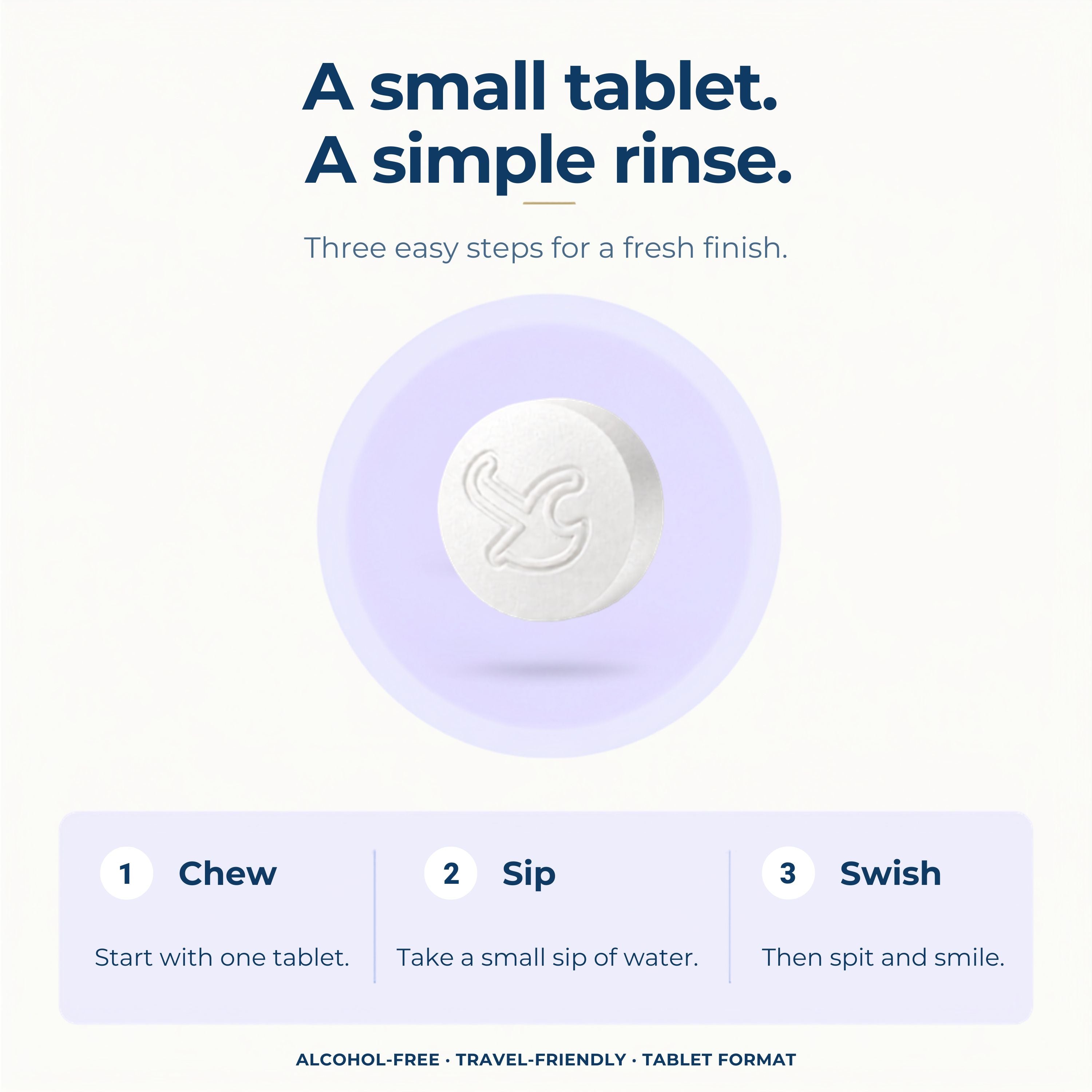 Instructional graphic for a small white tablet rinse product. Text at the top reads 'A small tablet.
