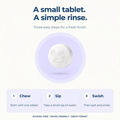 Instructional graphic for a small white tablet rinse product. Text at the top reads 'A small tablet.