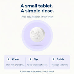 Instructional graphic for a small white tablet rinse product. Text at the top reads 'A small tablet.