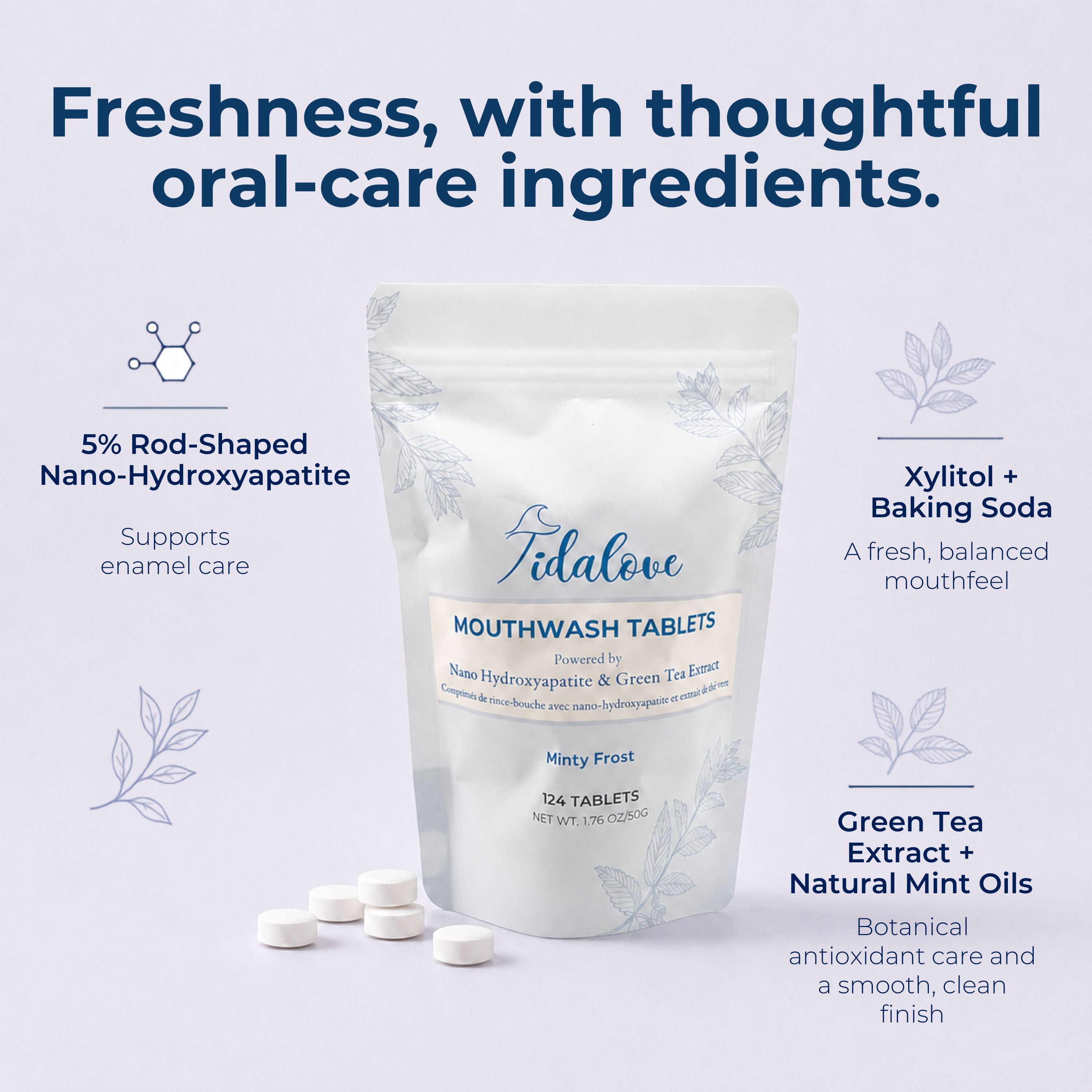 A stand-up pouch of Fidalove Mouthwash Tablets on a white background with marketing text around it. The pouch is white with pale blue printed graphics and branding.