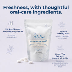 A stand-up pouch of Fidalove Mouthwash Tablets on a white background with marketing text around it. The pouch is white with pale blue printed graphics and branding.
