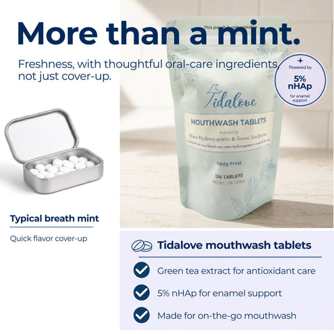 Tidalove mouthwash tablets in a pale mint pouch shown beside an open silver mint tin filled with white tablets. The image includes marketing text reading 'More than a mint' and product benefits such as green tea extract, 5% nHap, and on-the-go use.
