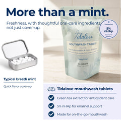 Tidalove mouthwash tablets in a pale mint pouch shown beside an open silver mint tin filled with white tablets. The image includes marketing text reading 'More than a mint' and product benefits such as green tea extract, 5% nHap, and on-the-go use.