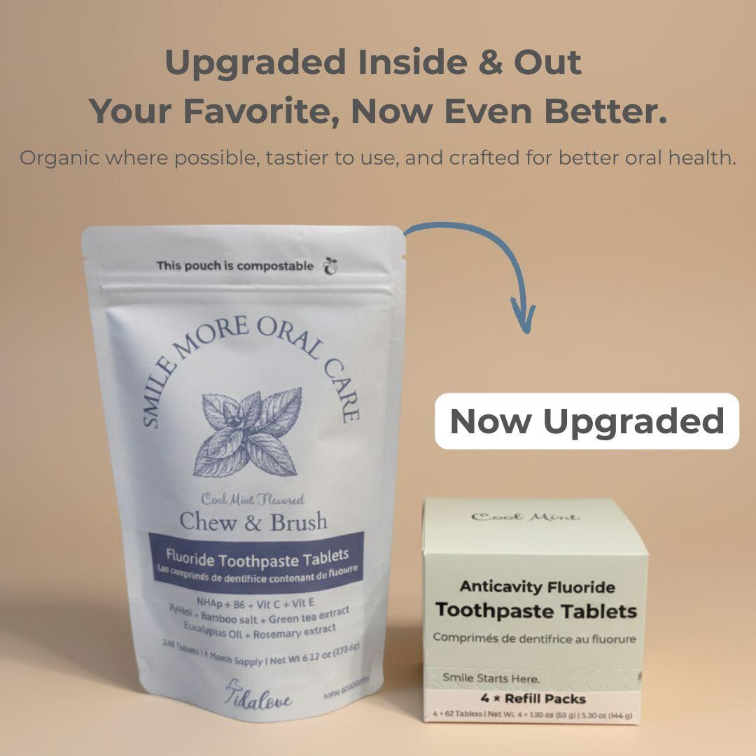 Smile More Oral Care toothpaste tablets packaging on a beige background with text about upgrades.