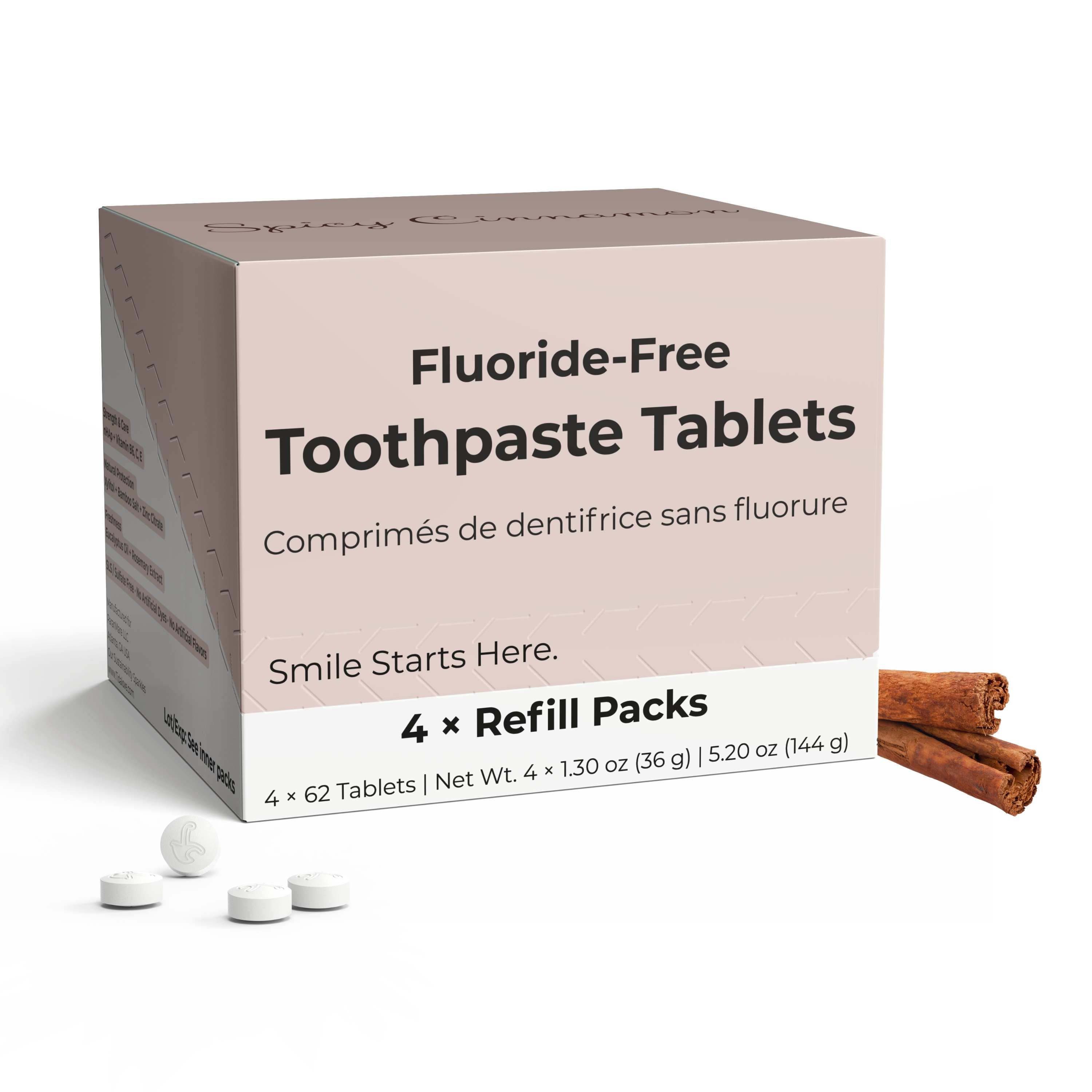 Fluoride-Free Toothpaste Tablets packaging with refill packs on a white background