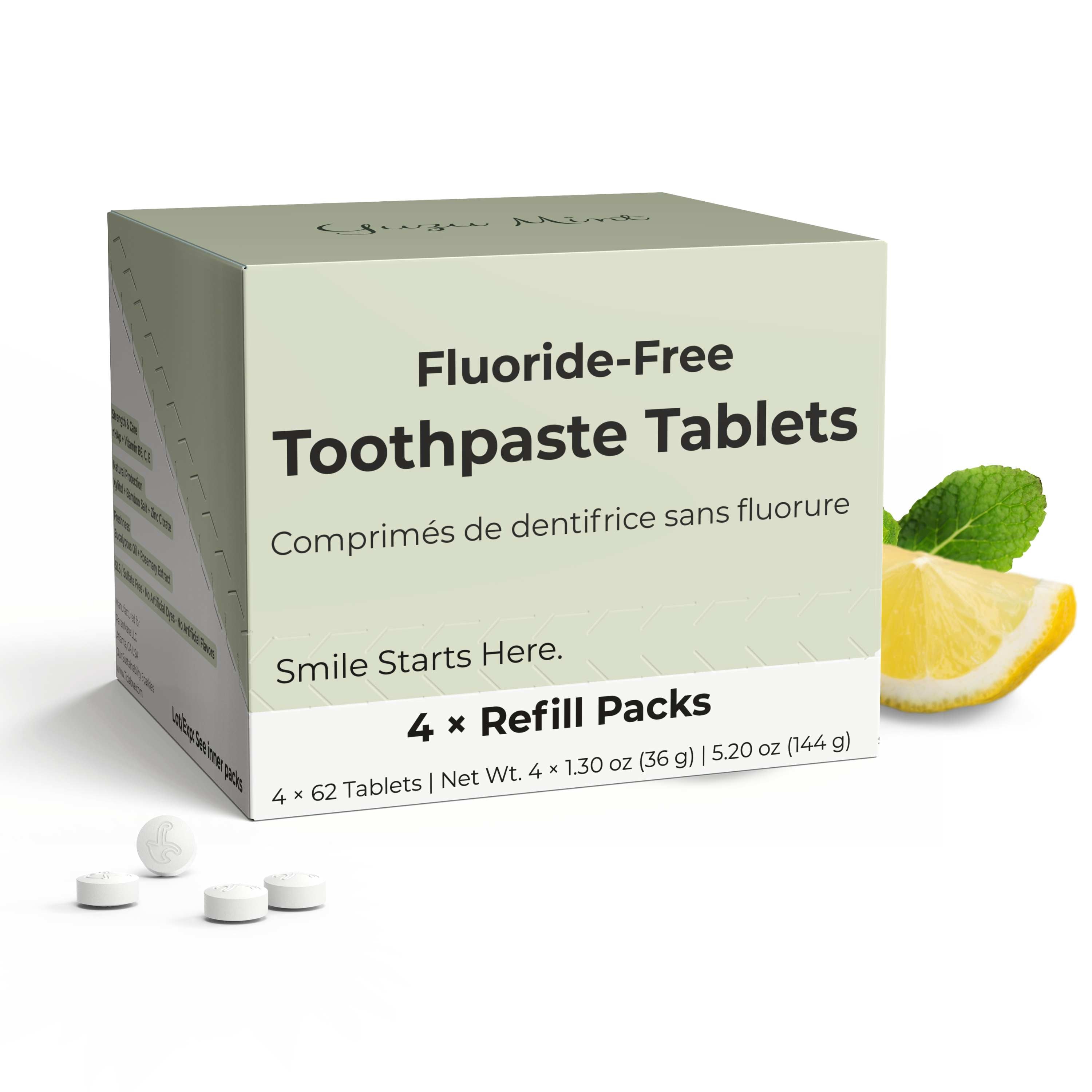 Fluoride-free toothpaste tablets with packaging  on a white background