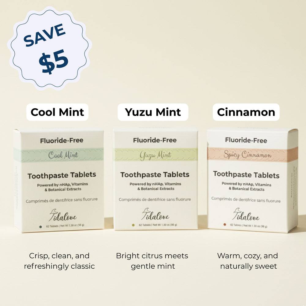 Fluoride-Free Toothpaste Tablets 3-Flavor Gift Set – 3 Refills + 3 Reusable Tins