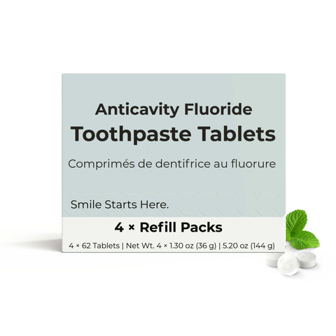 Anticavity fluoride toothpaste tablets with packaging on a white background