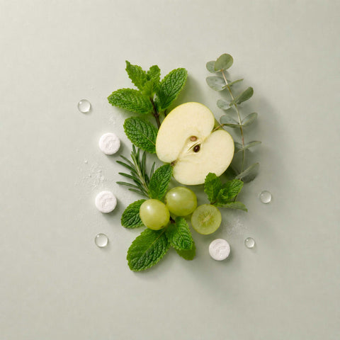Tidalove Cool Mint toothpaste tablets styled with fresh peppermint and 
spearmint leaves, sliced apple, and green grapes on a sage green background