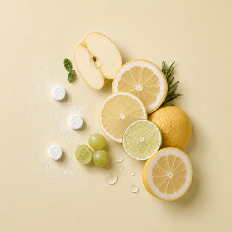 
Tidalove Yuzu Mint toothpaste tablets styled with yuzu, lemon, and lime 
slices, mint leaves, and green grapes on a soft yellow background
