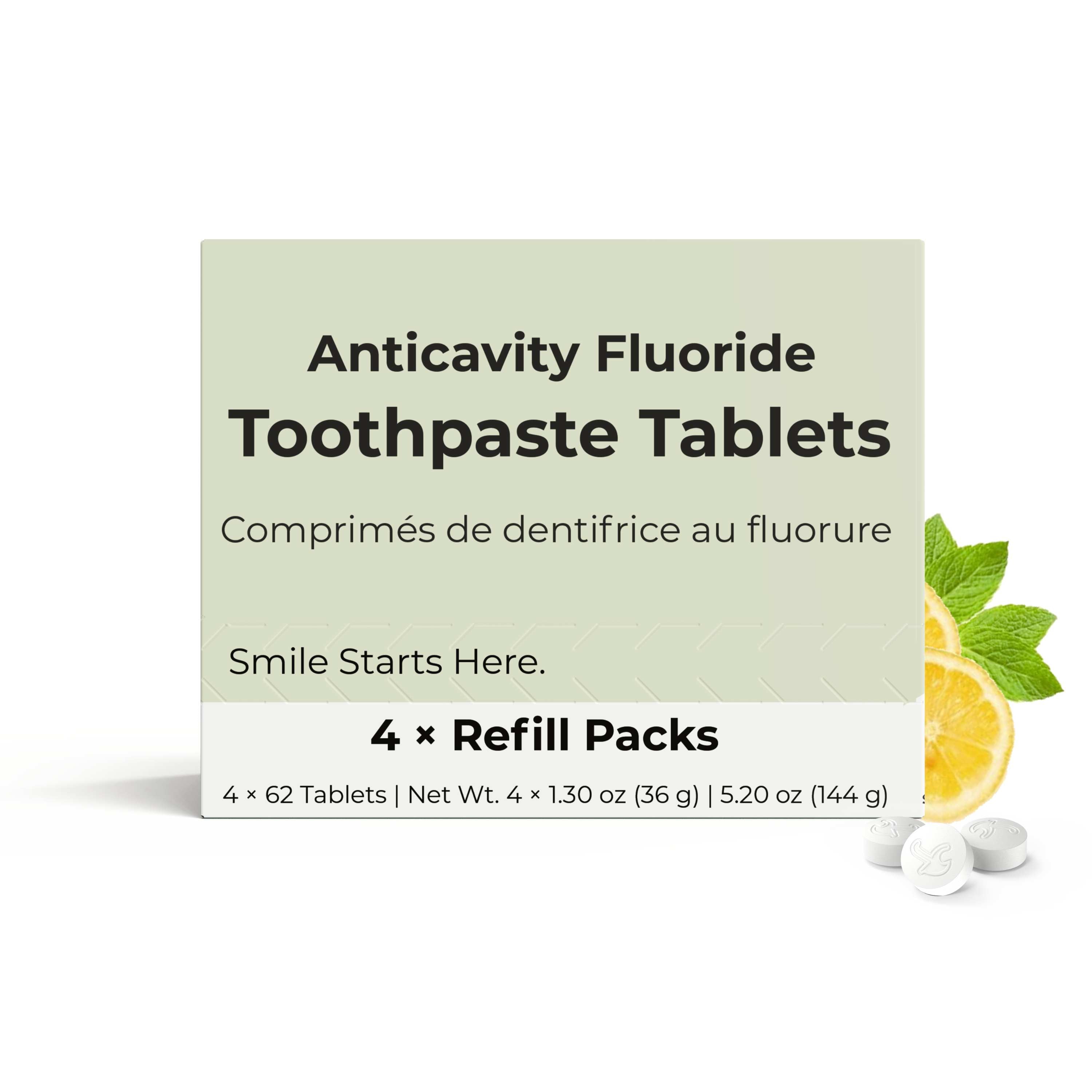 Anticavity fluoride toothpaste tablets with packaging on a white background