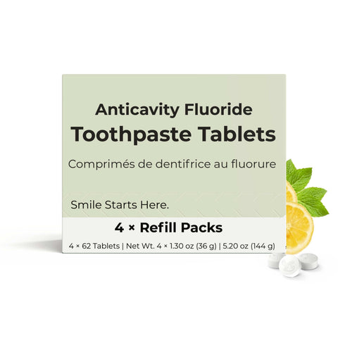 Anticavity fluoride toothpaste tablets with packaging on a white background